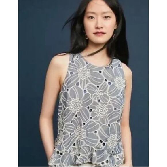 ANTHROPOLOGIE Sunday in Brooklyn Chambray Lace Eyelet Tank / XS - Picture 1 of 7
